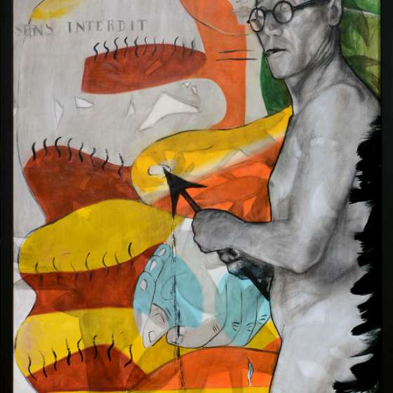 Apollo and Daphne or Le Corbusier and Eileen Gray.2017.Oil,charcoal and feather on wood.150x60.S