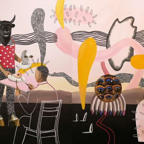 „Posiłek na łonie natury”, technika mieszana na płótnie, dyptyk, 140x180 cm, 2021
