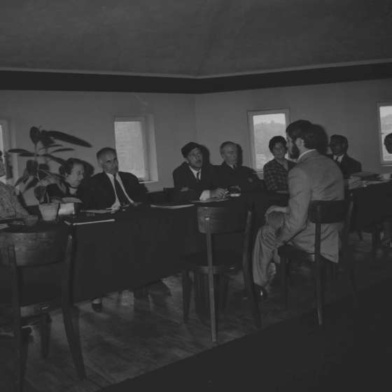 Komisja egzaminacyjna, od lewej: Anna Pietrowiec, Hanna Żuławska, Franciszek Duszeńko, Adam Smolana, Stanisław Horno-Popławski, Lucyna Kierzkowska, Zdzisław Kałędkiewicz, NN, Gdańsk, l. 70. XX w.