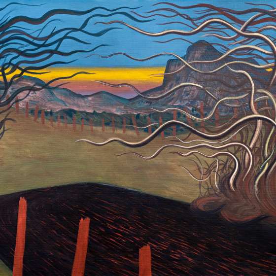 Pejzaż metafizyczny VII/2022, tempera żółtkowa na płótnie, 70x140 cm, 2022