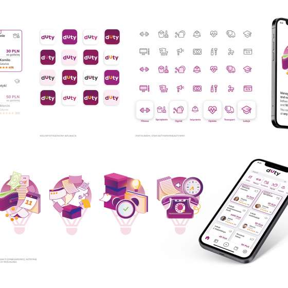Aplikacja mobilna, elementy systemu identyfikacji wizualnej & web design | Duty