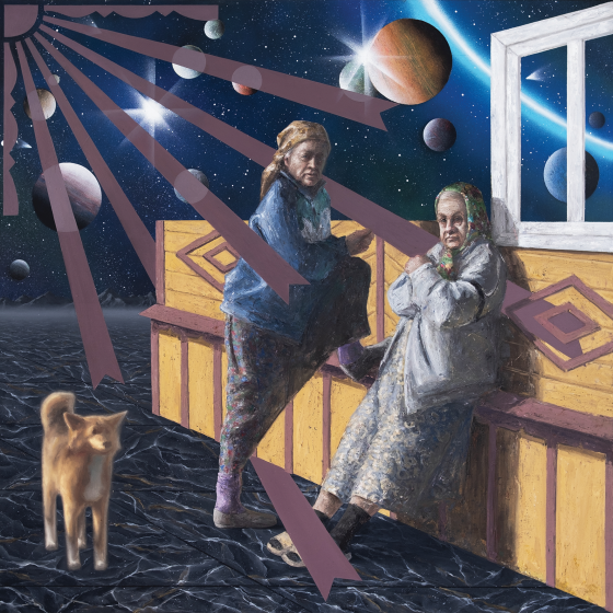 Jan Gąsienicyn, Babki z planety Groń, olej i spray na płótnie, 120x120, 2024