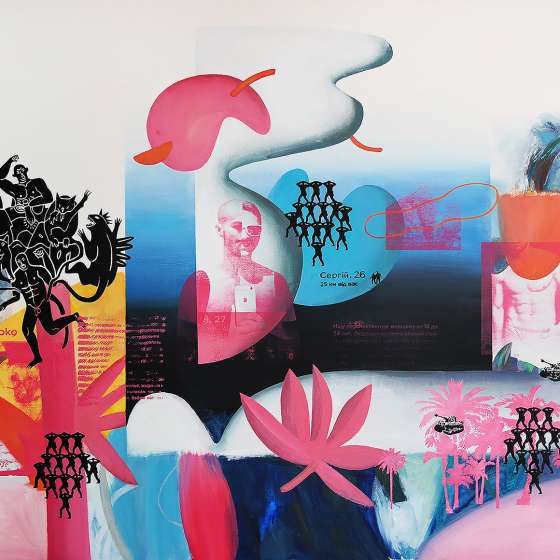 „Ogród wirtualnych kolonizatorów”, technika mieszana na płótnie, 130x190 cm, 2019