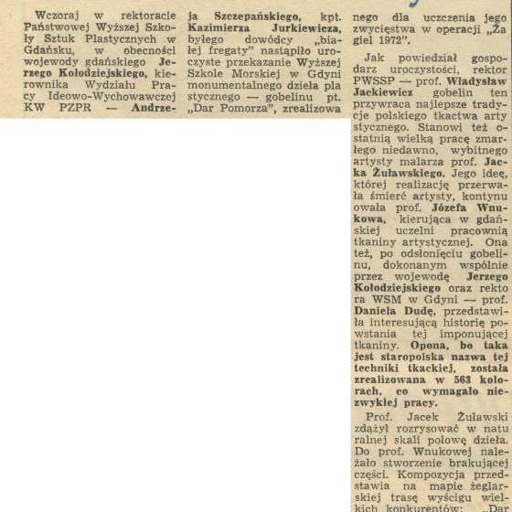Artykuł: Efektowny gobelin dla WSM w Gdyni, „Dziennik Bałtycki” 1979, nr 114.