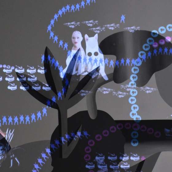 „Tymczasowa mapa tymczasowych miejsc”, mural, projekcje wideo, animacje AR, 2020-2022, fragment wystawy „Great Patriotic. Celina Kanunnikava, Hanna Shumska, Vitalii Shupliak, Endre Tót” w Galerii Miejskiej BWA Bydgoszczy, 2022