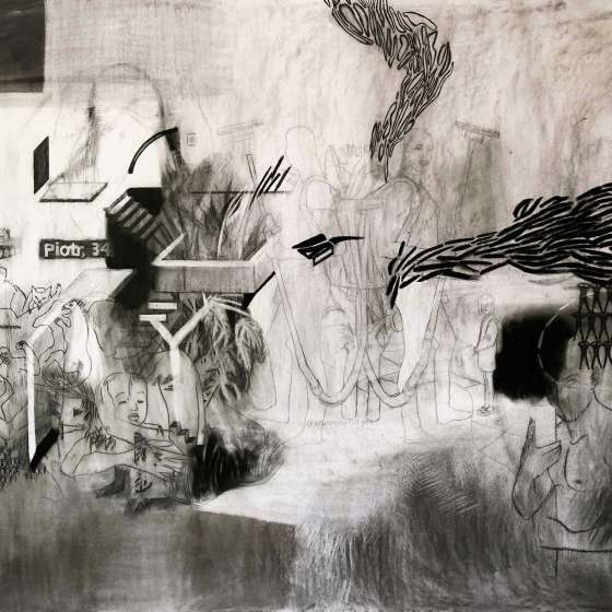 „Wirtualna kolonizacja III”, 120x150 cm, węgiel, papier, 2019