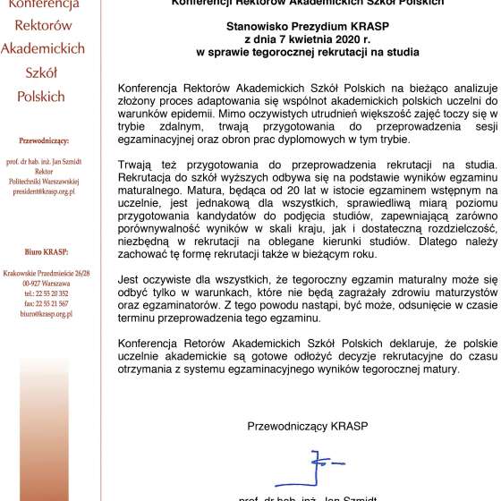 Stanowisko Prezydium KRASP w sprawie tegorocznej rekrutacji na studia