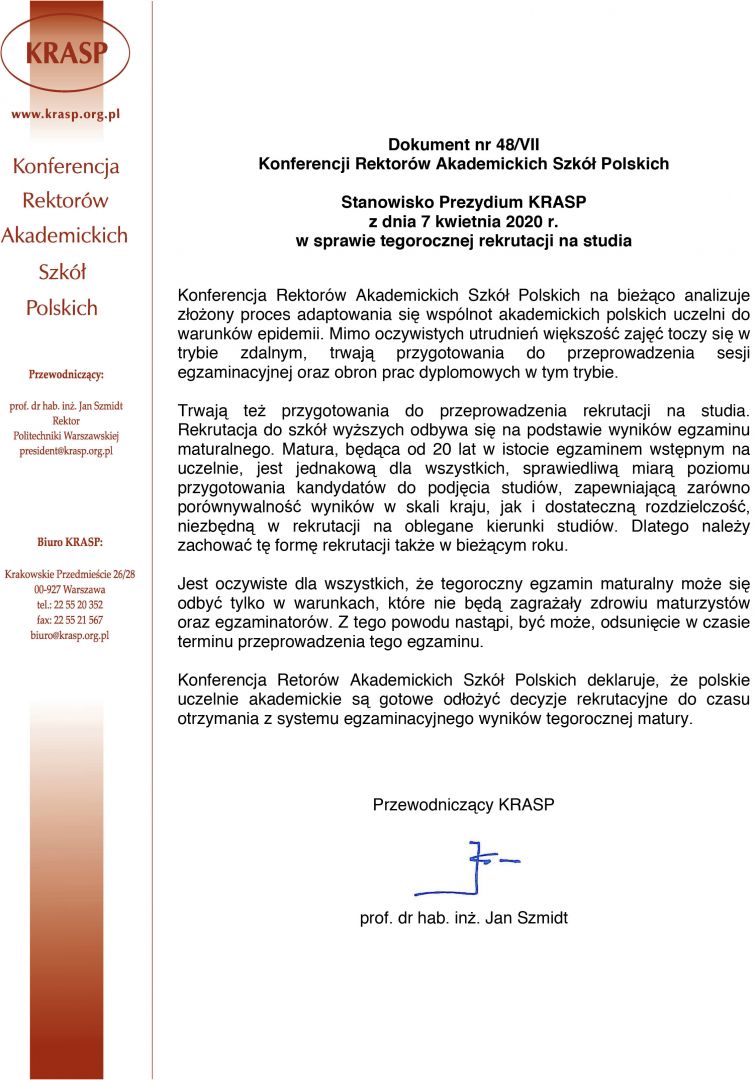 Stanowisko Prezydium KRASP w sprawie tegorocznej rekrutacji na studia