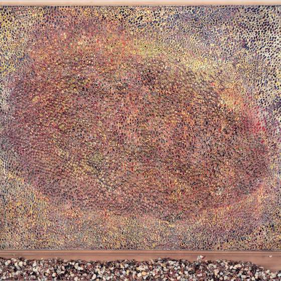 Pneuma IX, enkaustyka na płótnie, residua malarskie, plexi, 115x124 cm, 2023