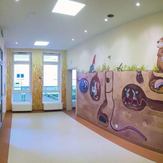 Malowidła [strefy: Wody, Ziemi, Powietrza] – wnętrza Kliniki Pediatrii, Hematologii i Onkologii Uniwersyteckiego Centrum Klinicznego, Program „W kolorze mniej boli”; Gdańsk