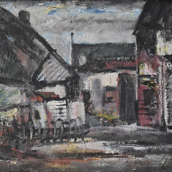 Bohdan Borowski, Pejzaż, 1955, olej na płótnie, 44 x 54 cm, własność p. Doroty Borowskiej