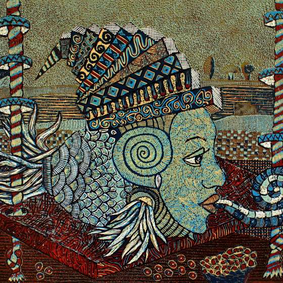Dama na huśtawce, linoryt kol., 65x95 cm, 2016