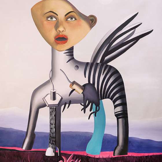 „Dama i kwiatek w świecie posthumanistycznym”, technika mieszana na płótnie, 140x110 cm, 2021