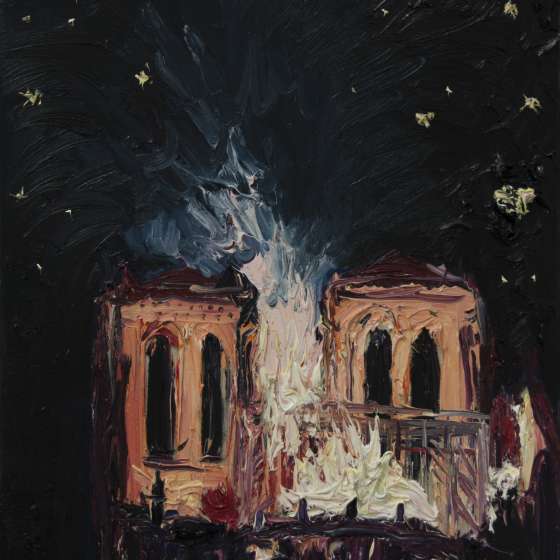 płonąca katerda noter dame, malowana z live streamingu, olej na płótnie, 50x40 cm 