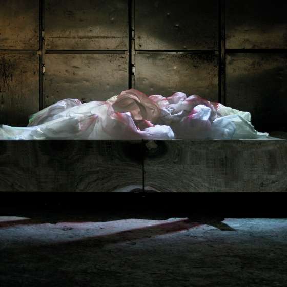 Udajemy, że nigdy nie umrzemy, sześcienna struktura lustrzana, fizelina, mapping 3D, 200x30x100 cm wideo: 1280x720, 8:49, dwa kanały audio, zapętlone