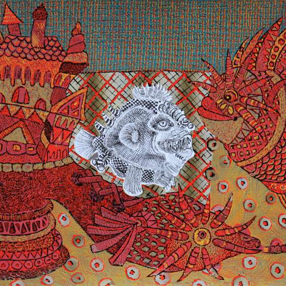 Ryba w bucie, linoryt kol., litografia, 65x95 cm, 2018
