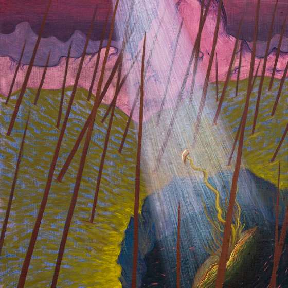 Pejzaż metafizyczny X/2022, tempera żółtkowa na płótnie, 90x50 cm, 2022