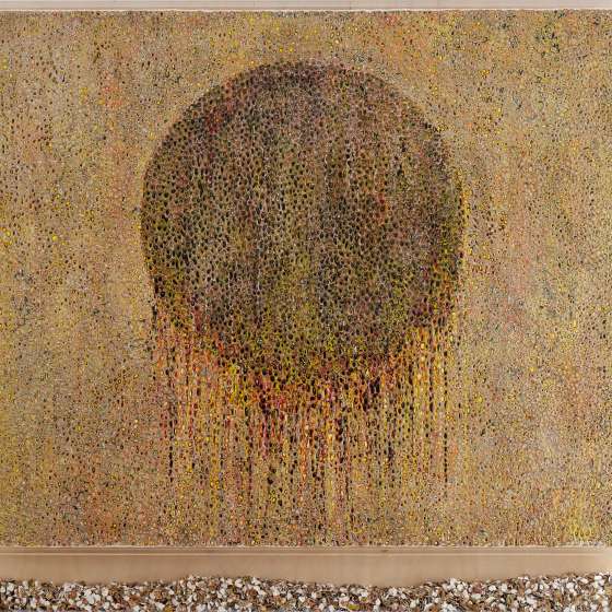Czarne słońce z cyklu Pneuma nr XIII, enkaustyka na płótnie, residua malarskie, plexi, 114,8x124 cm