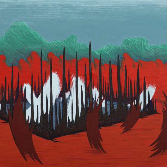Pejzaż metafizyczny VIII/2022, tempera żółtkowa na płótnie, 70x140 cm, 2022