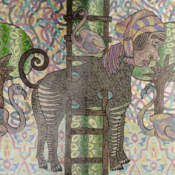 Okapi, linoryt kol., 130x95 cm, 2013