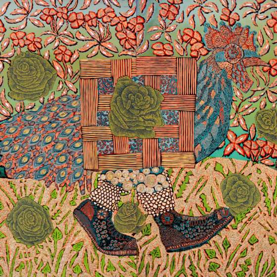 Kogut w różanym ogrodzie, linoryt kol., 95x130 cm, 2011